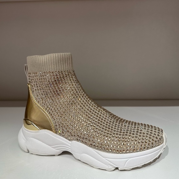 Michael Kors Katrina stretch knit bootie hot fix stones embellished sparkly gold - Picture 2 of 12